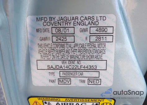 2002 Jaguar Xj8 z USA, uszkodzony, nr VIN SAJDA14C22LF44353